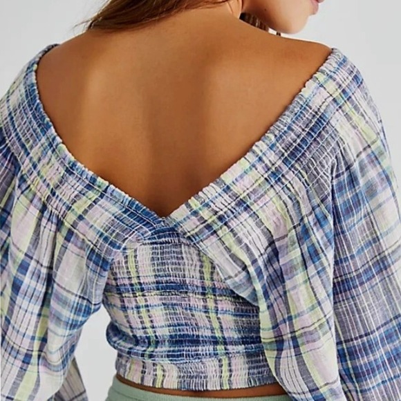 Free People Marlena Plaid‎ Balloon Long Sleeve Smocked Crop Top, Multi,M - Picture 6 of 13